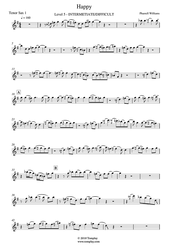 Happy (Intermediate/advanced Level, tenor sax) (Pharrell Williams